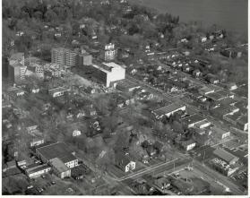 Aerial view of Downtown Oakville: Lakeshore Road between Allan Street and Trafalgar Road