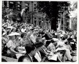 Montreal Quebec 1957. Rue Sherbrook East facing East towards Rue St-Hubert during St. Jean Baptiste Parade is the correct title/location