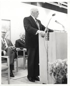 Hon. Earl Rowe speaking at the Opening Ceremonies for the Centennial Building (Central Library & Art Gallery)