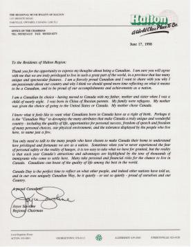 Letter from Halton Regional Chair Joyce Savoline to the residents of Halton Region