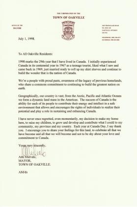 Letter from Oakville Mayor Ann Mulvale to the residents of Oakville